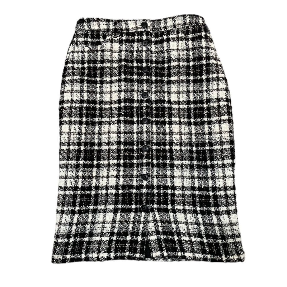 Banana Republic Black and White Boucle Wool Blend Plaid Button Down Skirt Size 4